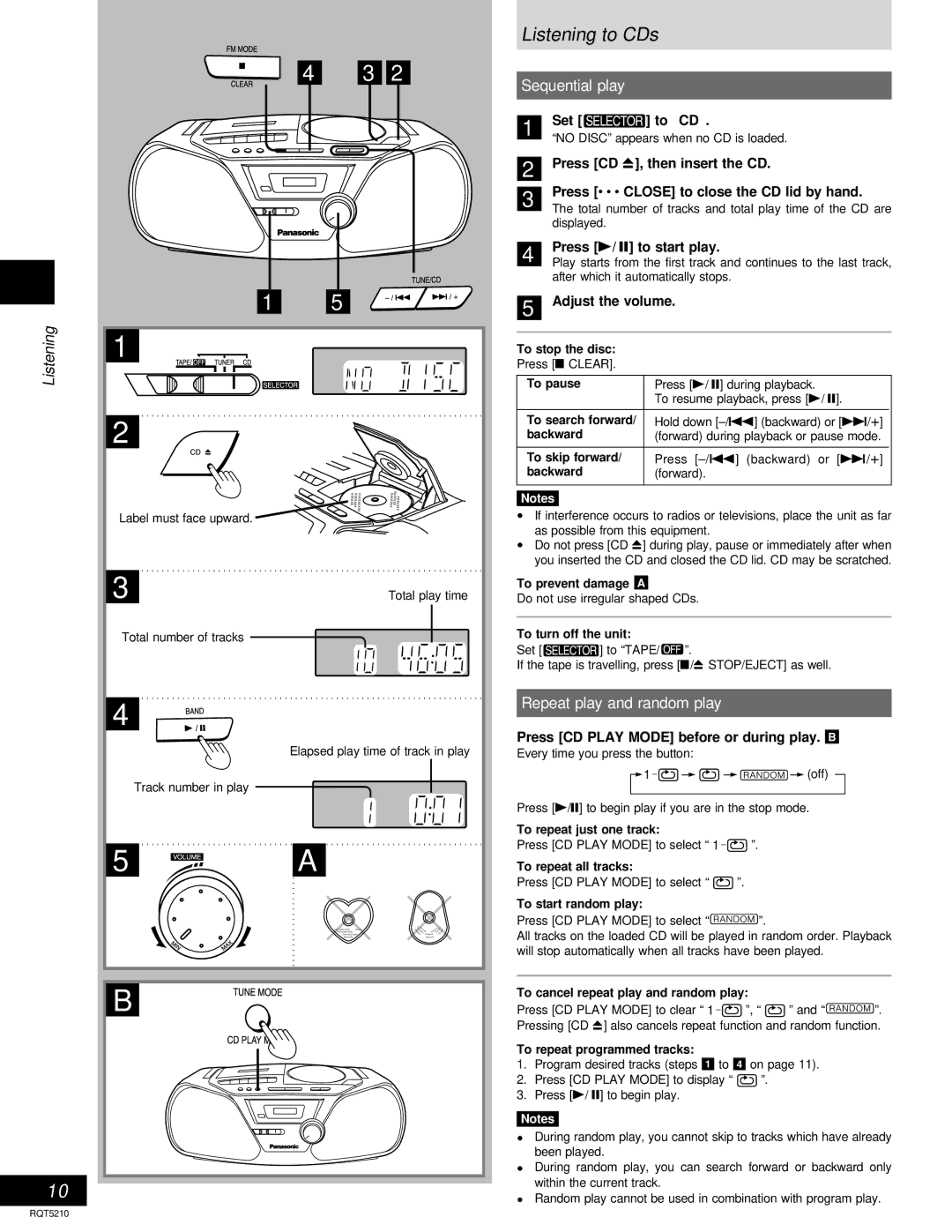 Panasonic RX-D11 operating instructions Listening to CDs, Sequential play, Repeat play and random play 