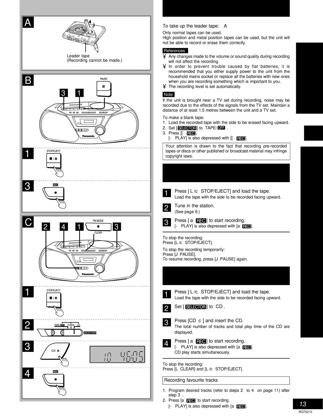 Panasonic RX-D11 operating instructions Before recording, Recording from radio broadcasts B, Recording from CDs C 