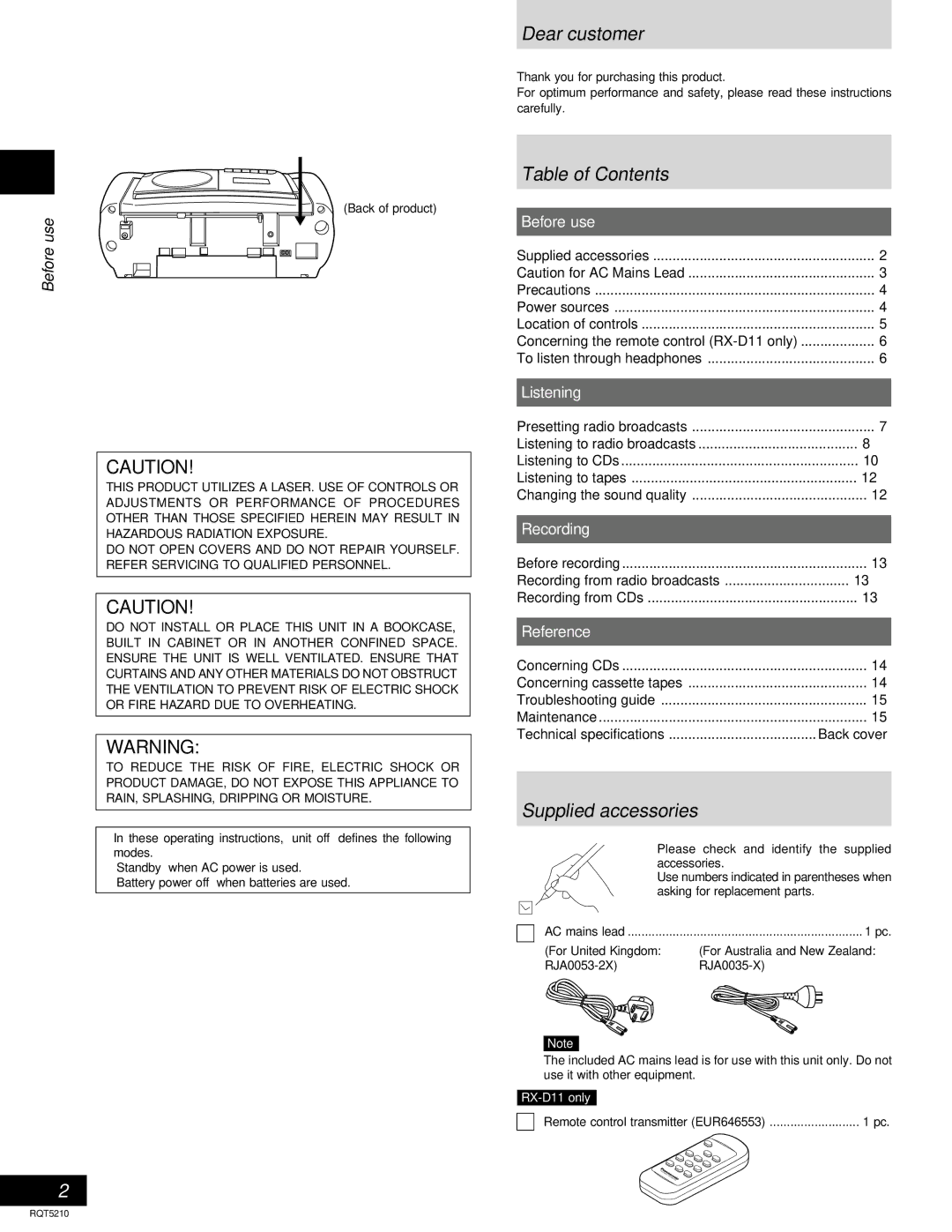 Panasonic RX-D11 operating instructions Dear customer, Table of Contents, Supplied accessories 