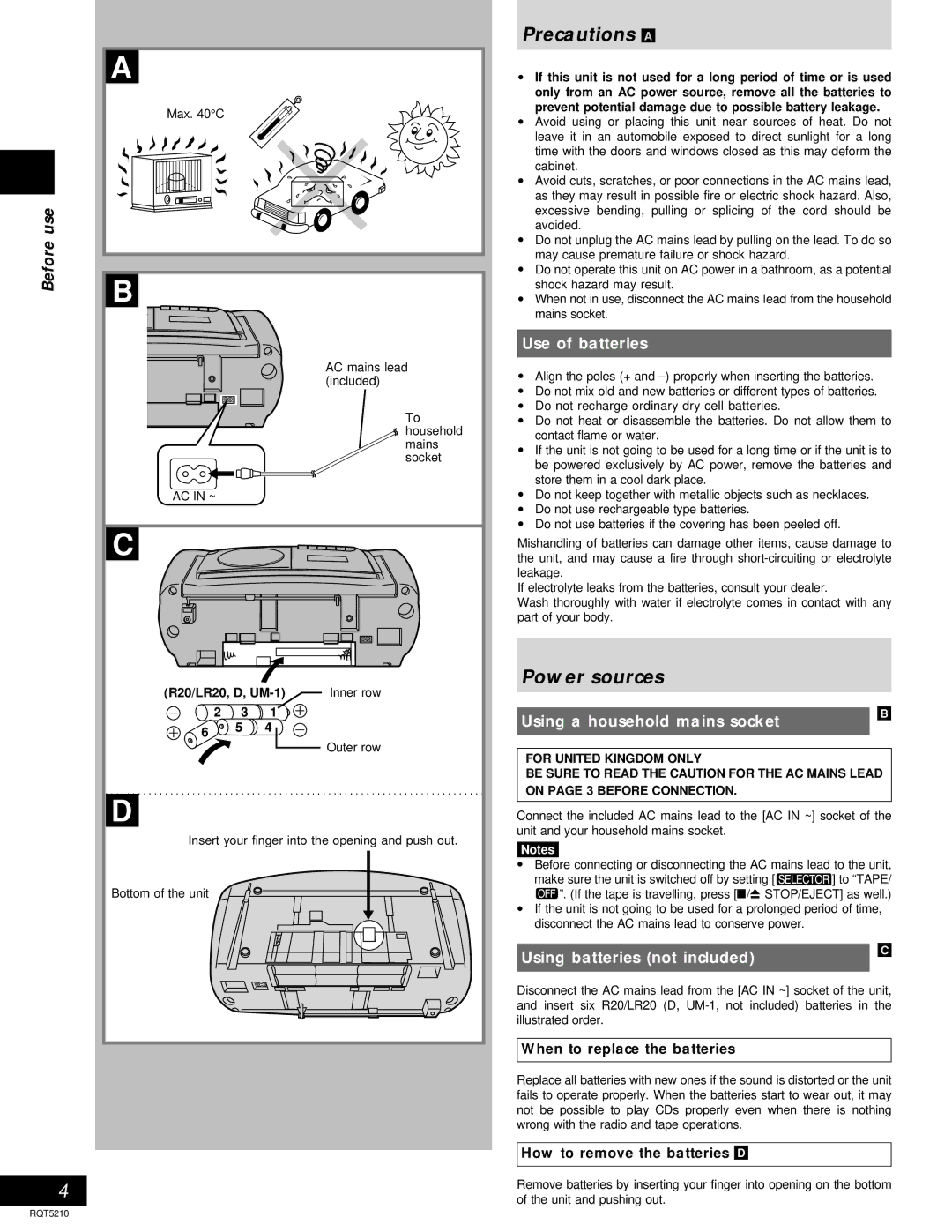 Panasonic RX-D11 operating instructions Precautions a, Power sources, Beforeuse B 