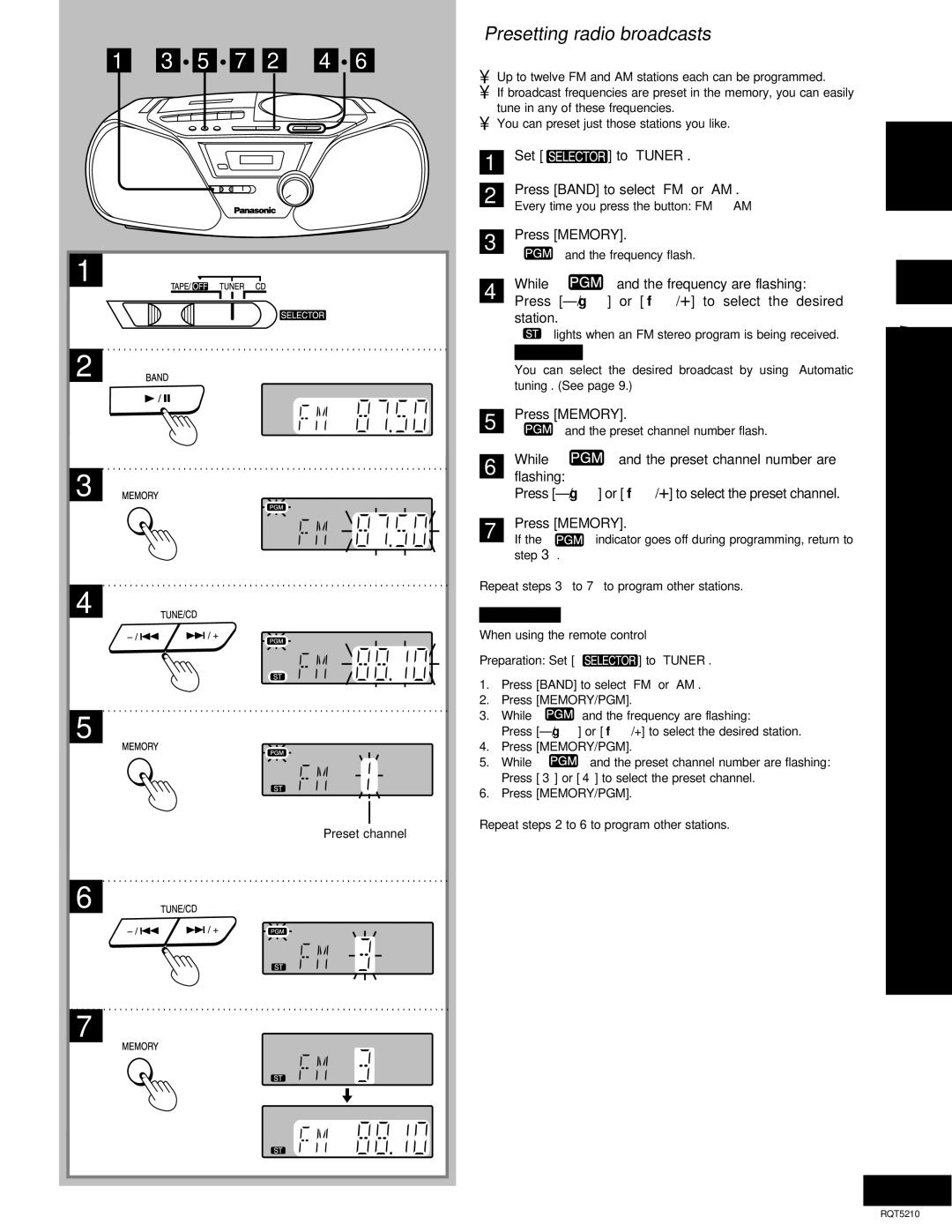 Panasonic RX-D11 Presetting radio broadcasts, Listening, Set To Tuner Press Band to select FM or AM, Press Memory 