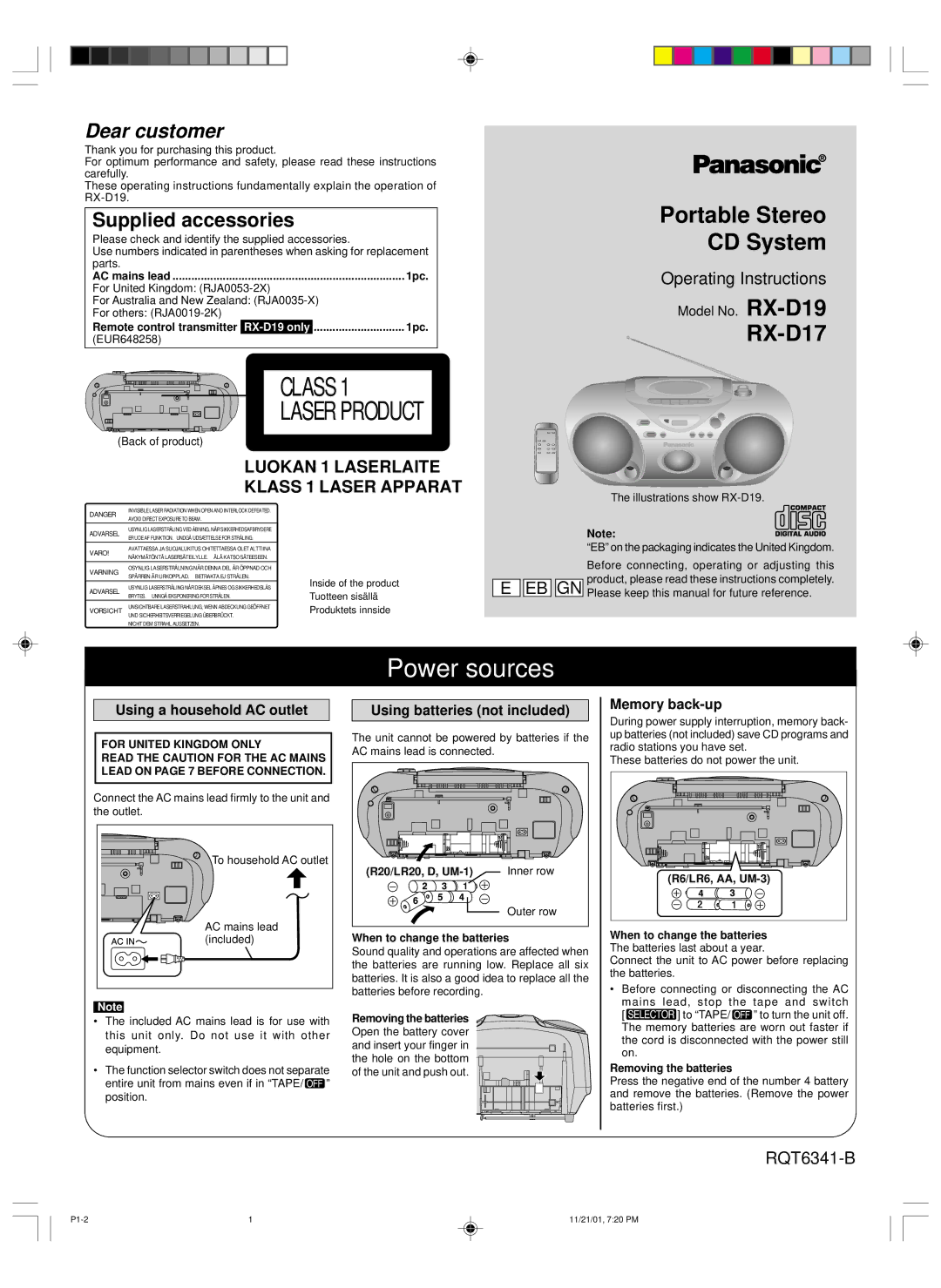 Panasonic RX-D17 operating instructions Power sources, Supplied accessories, Memory back-up, RX-D19 only 