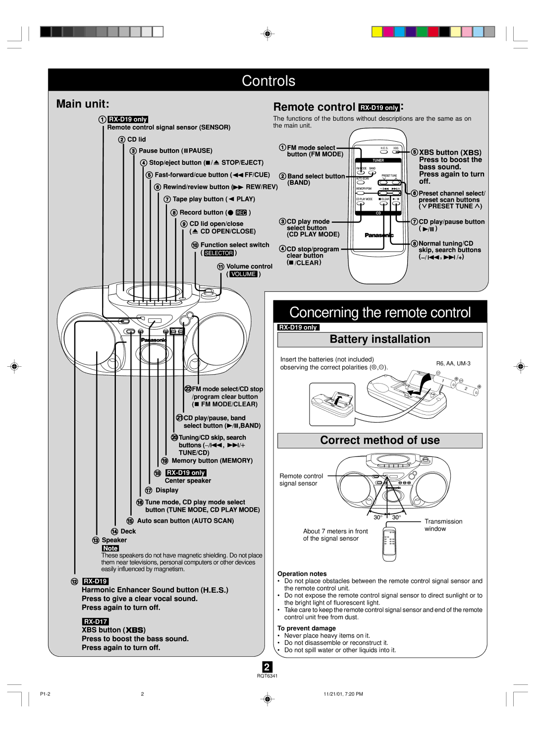 Panasonic RX-D17, RX-D19 operating instructions Controls, Concerning the remote control 