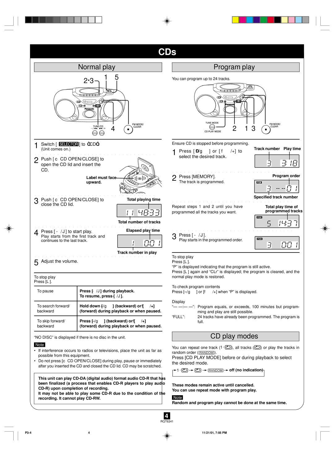 Panasonic RX-D17, RX-D19 operating instructions CDs, Normal play Program play, CD play modes 