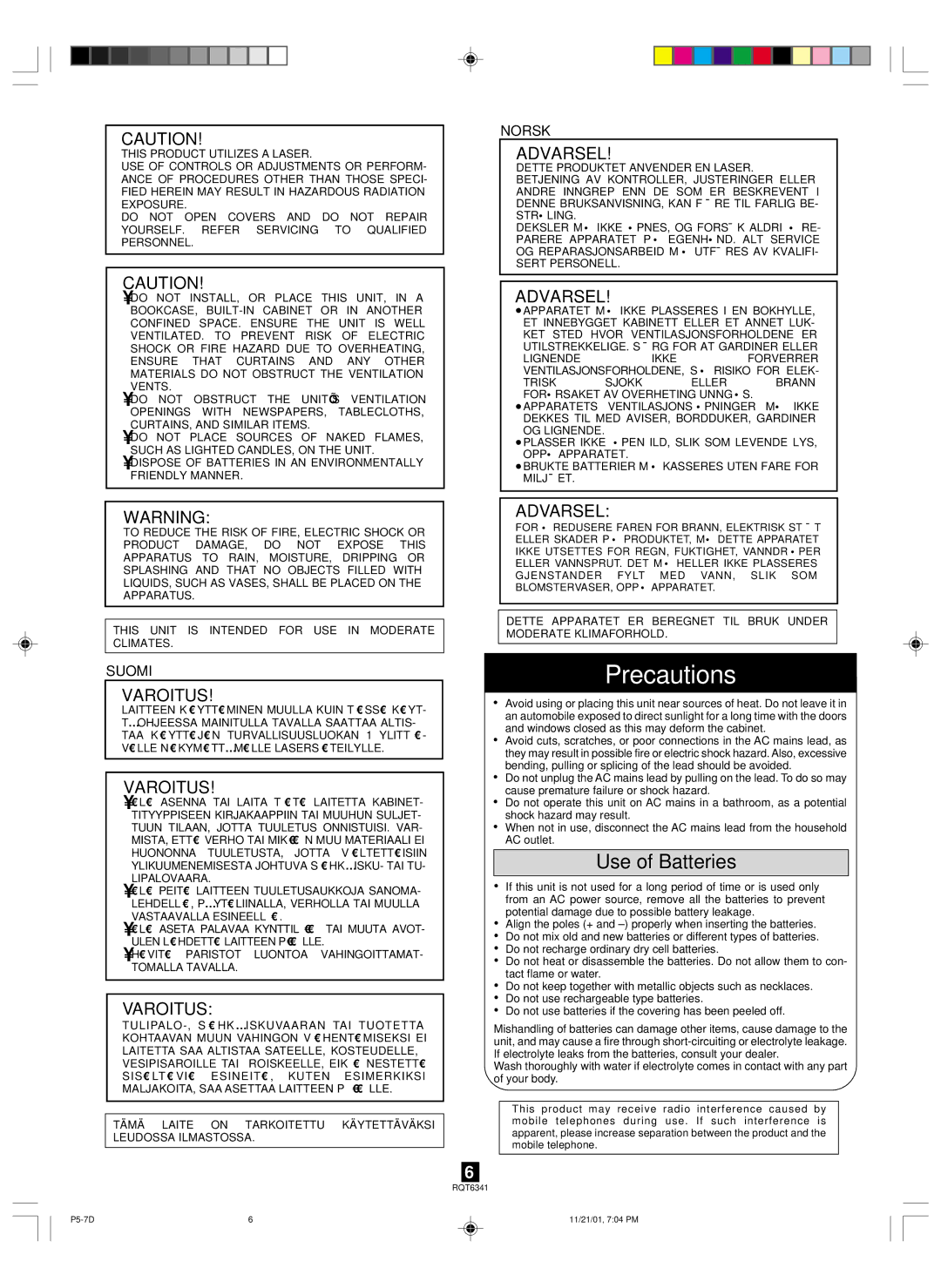 Panasonic RX-D17, RX-D19 operating instructions Precautions, Use of Batteries 