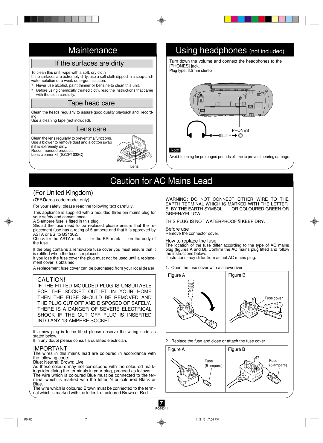 Panasonic RX-D19, RX-D17 Maintenance, Using headphones not included, If the surfaces are dirty, Tape head care, Lens care 