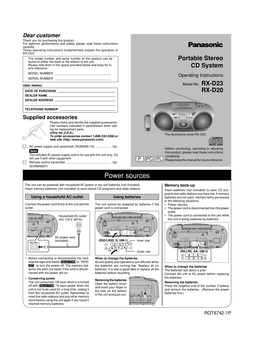 Panasonic RX-D23 operating instructions Power sources, Supplied accessories, Memory back-up, Using a household AC outlet 