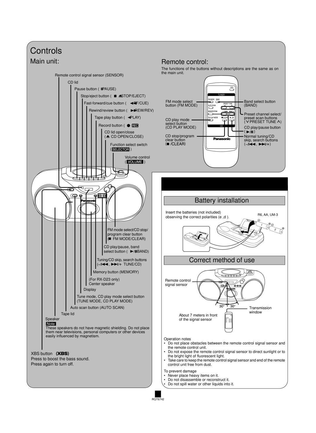 Panasonic rx-d20 Concerning the remote control, Main unit, Remote control, Battery installation, Correct method of use 