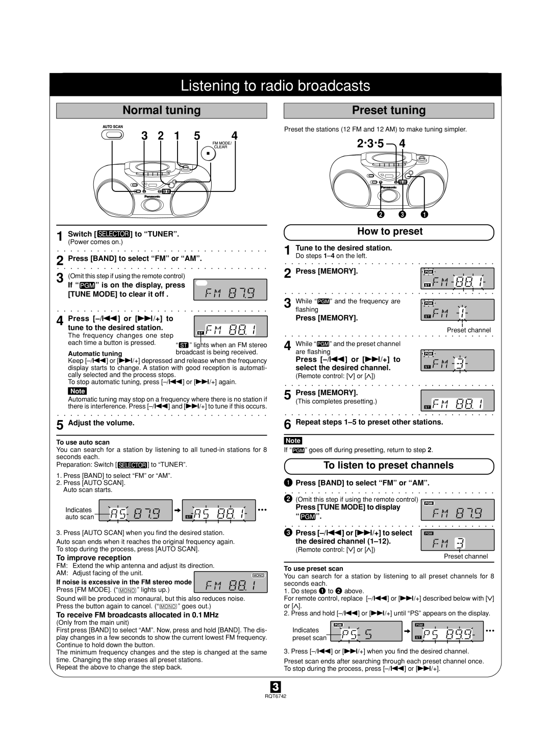 Panasonic RX-D23 Listening to radio broadcasts, Normal tuning, Preset tuning, How to preset, To listen to preset channels 