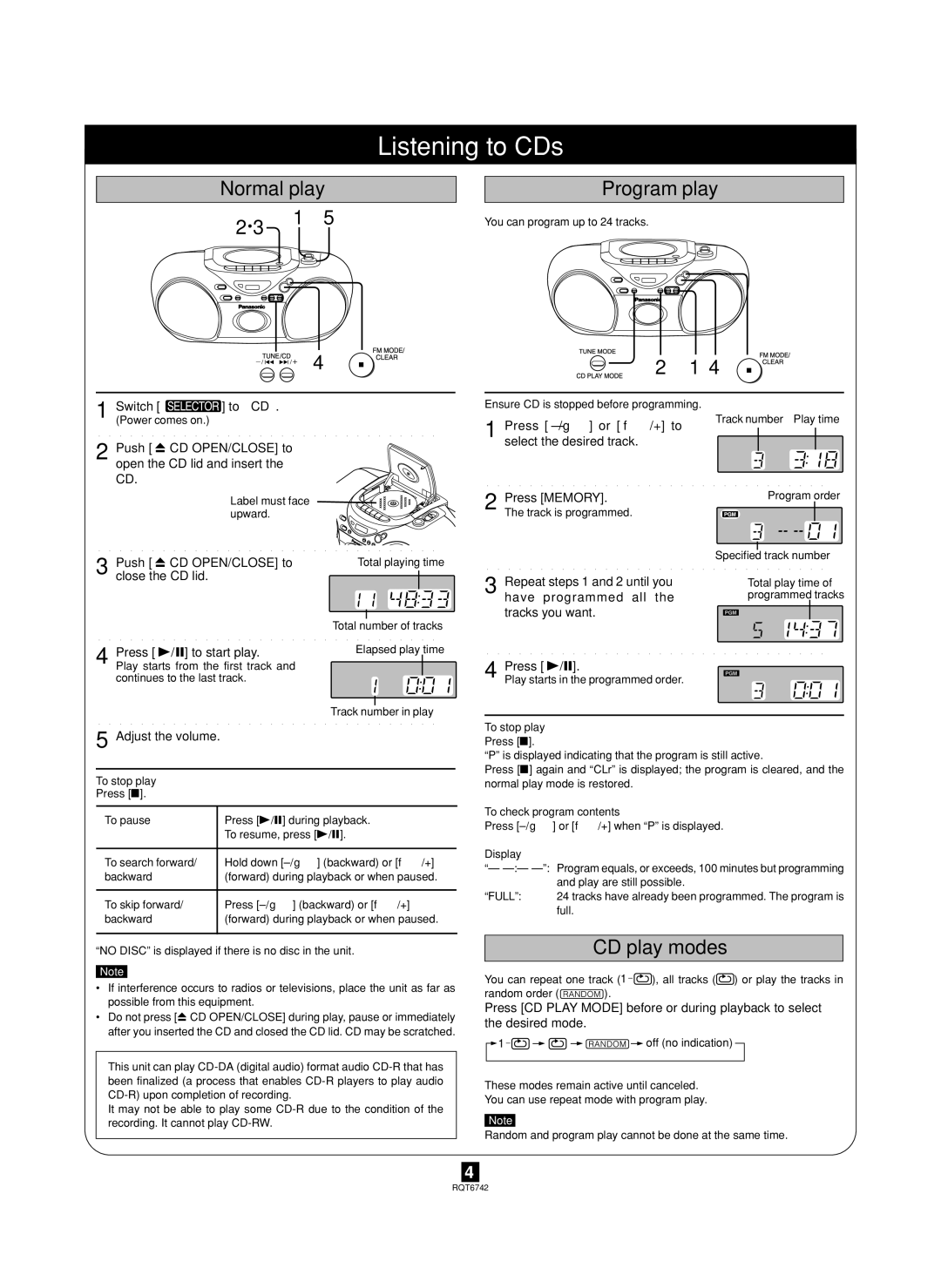 Panasonic rx-d20, RX-D23 operating instructions Listening to CDs, Normal play Program play, CD play modes 