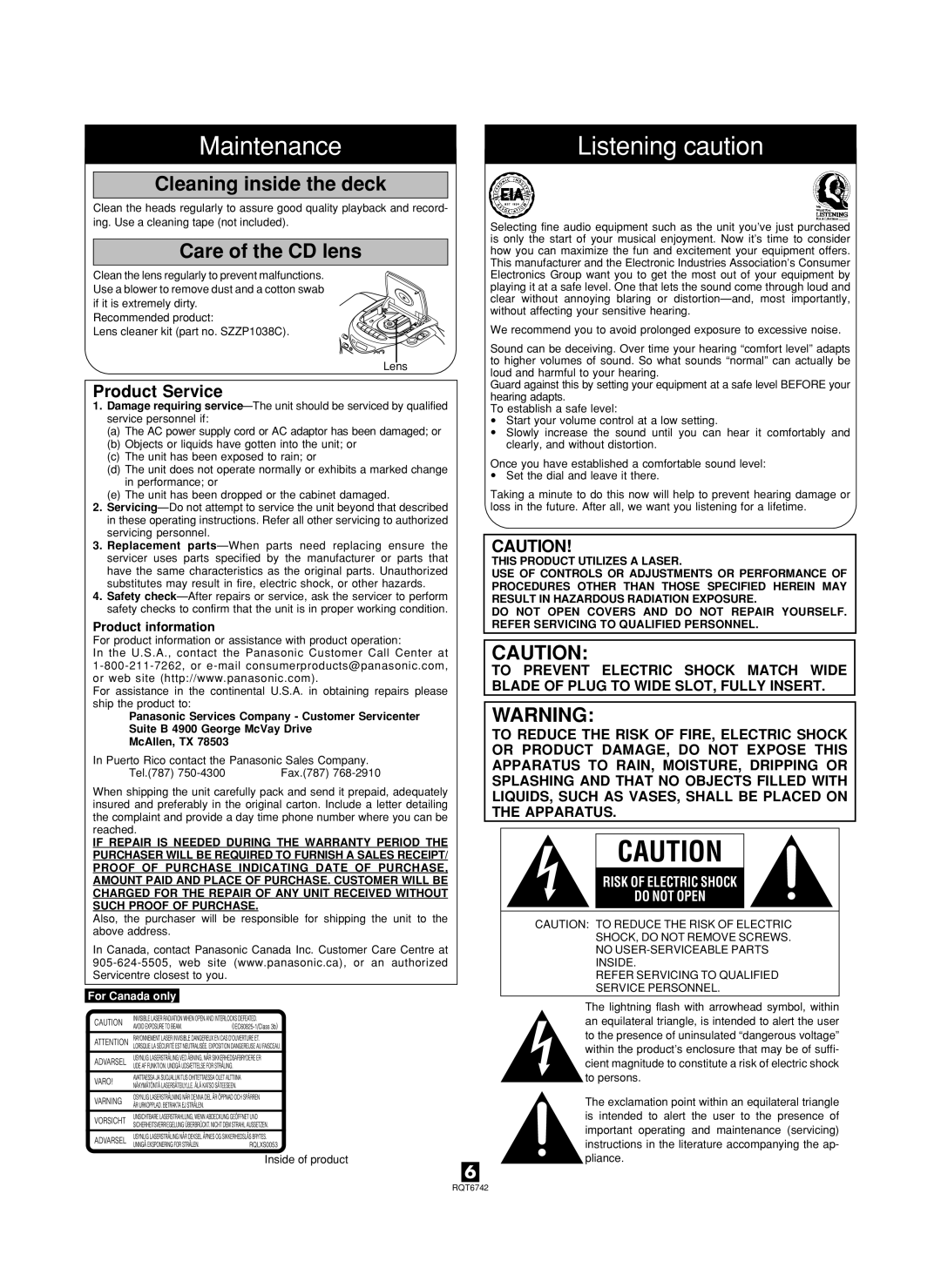 Panasonic rx-d20, RX-D23 Maintenance, Cleaning inside the deck, Care of the CD lens, Product Service, Product information 