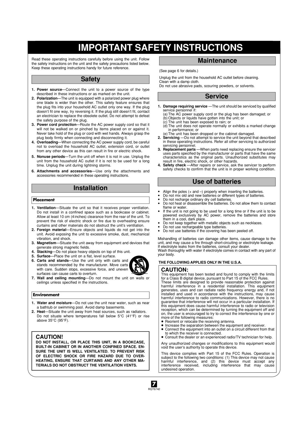 Panasonic RX-D23, rx-d20 operating instructions Safety, Installation, Maintenance, Service, Use of batteries 