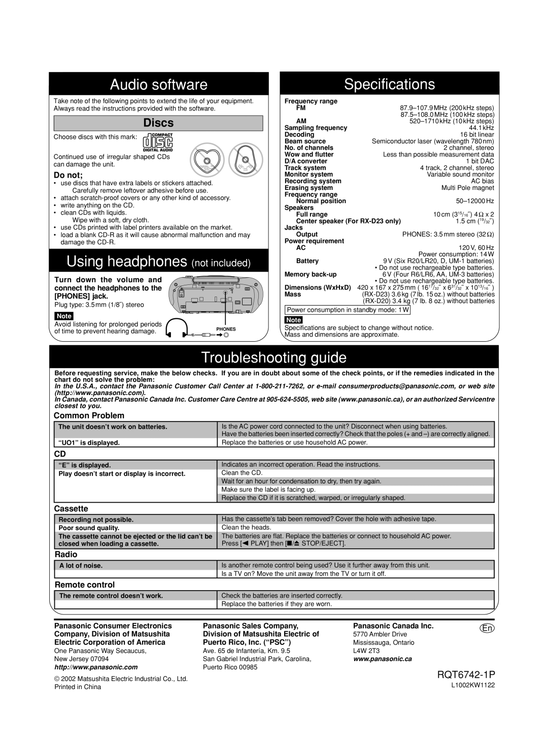 Panasonic rx-d20, RX-D23 Audio software, Using headphones not included, Specifications, Troubleshooting guide, Discs 