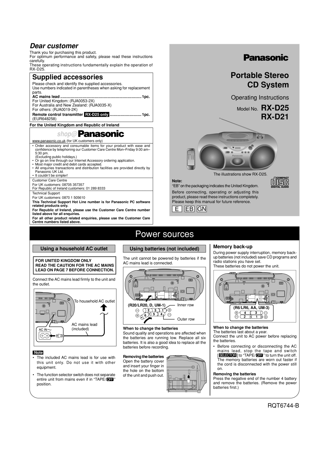 Panasonic RX-D25, RX-D21 manual Power sources, Supplied accessories, Memory back-up 