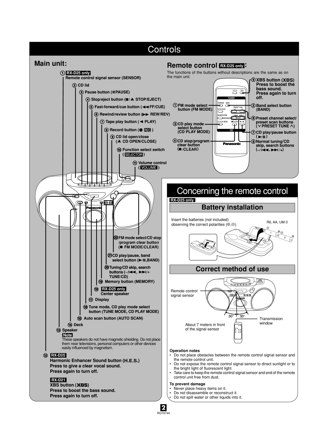 Panasonic RX-D21, RX-D25 manual Controls, Concerning the remote control 