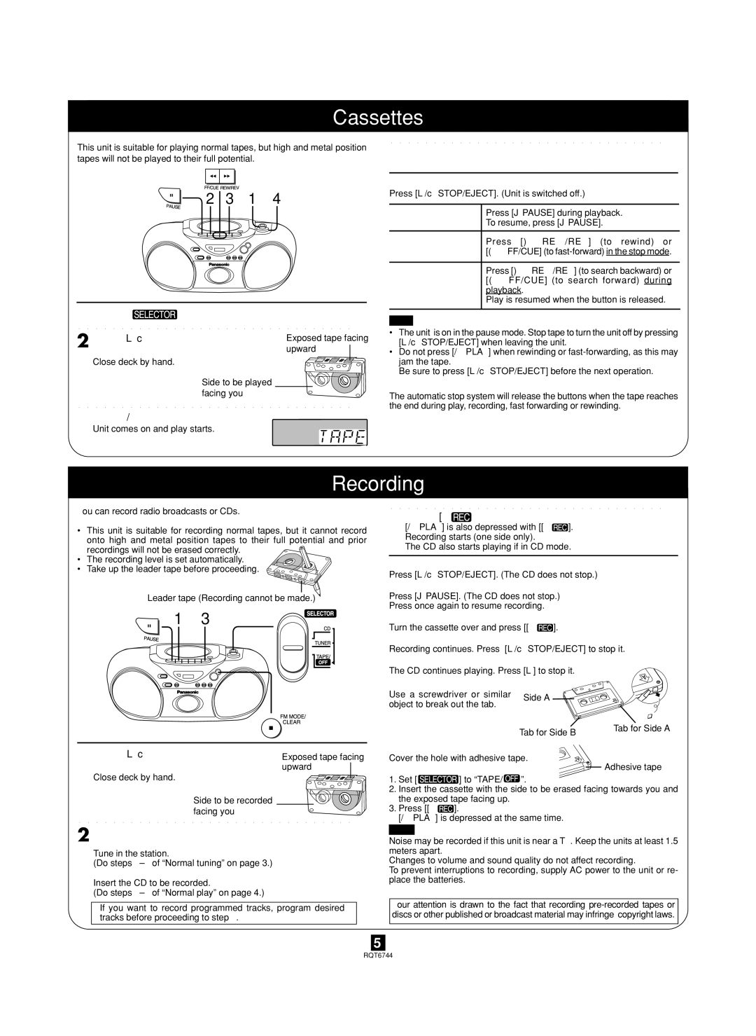 Panasonic RX-D25, RX-D21 manual Cassettes, Recording, Press L/c STOP/EJECT to open, Deck and load a cassette 