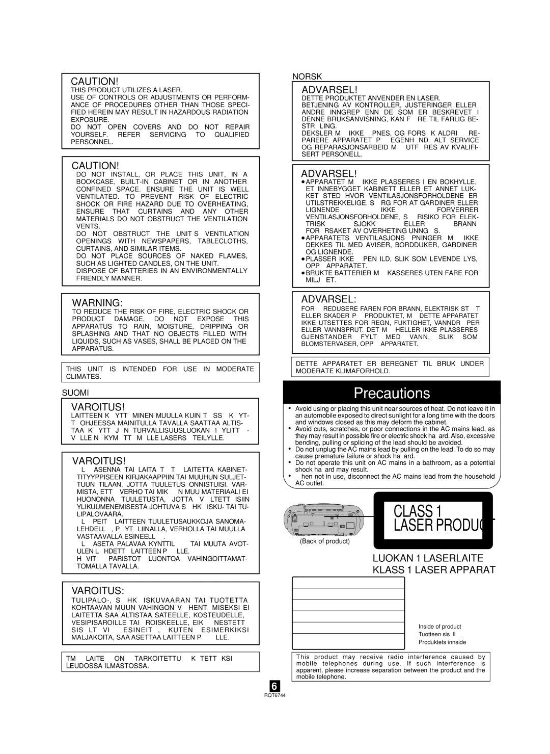 Panasonic RX-D21, RX-D25 manual Precautions, Norsk 