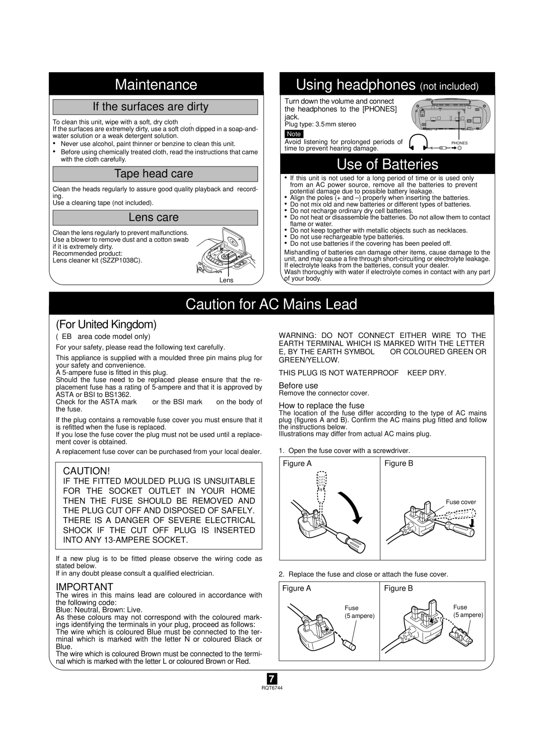 Panasonic RX-D25, RX-D21 manual Maintenance, Using headphones not included, Use of Batteries 