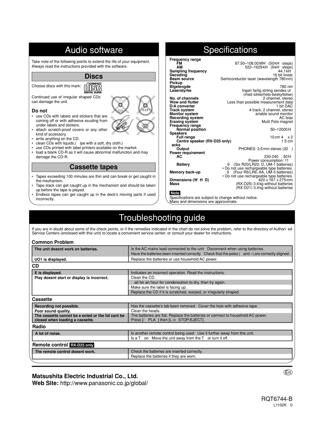 Panasonic RX-D21, RX-D25 manual Audio software, Specifications, Troubleshooting guide, Discs, Cassette tapes 