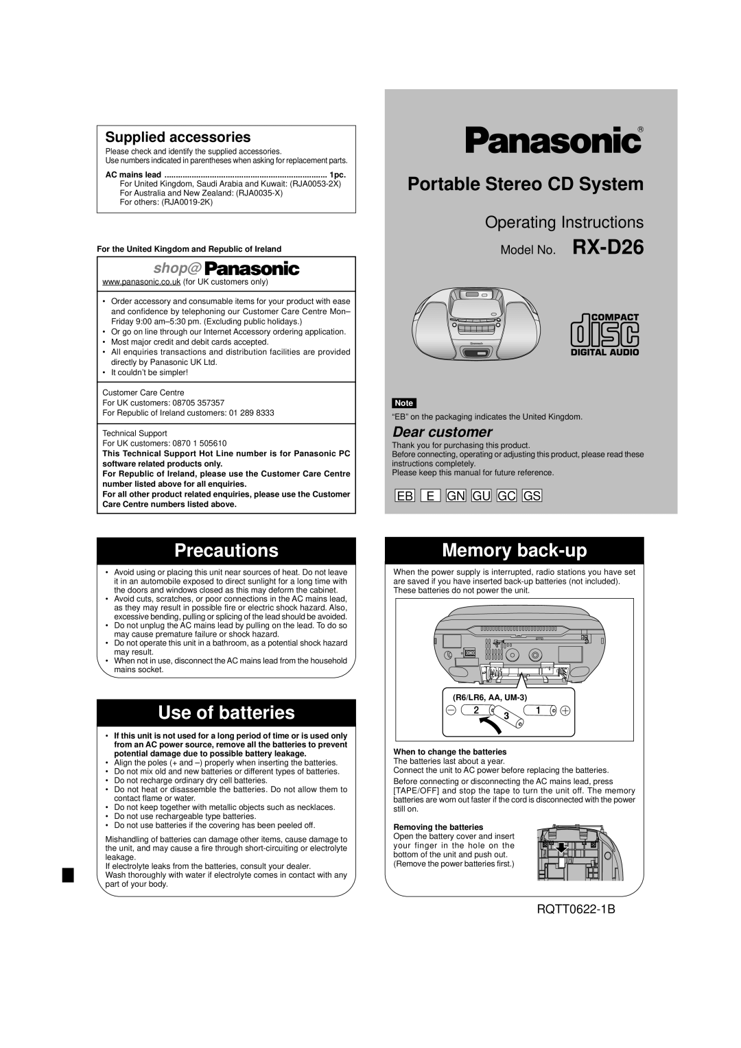 Panasonic RX-D26 manual Precautions, Use of batteries, Memory back-up, Supplied accessories 