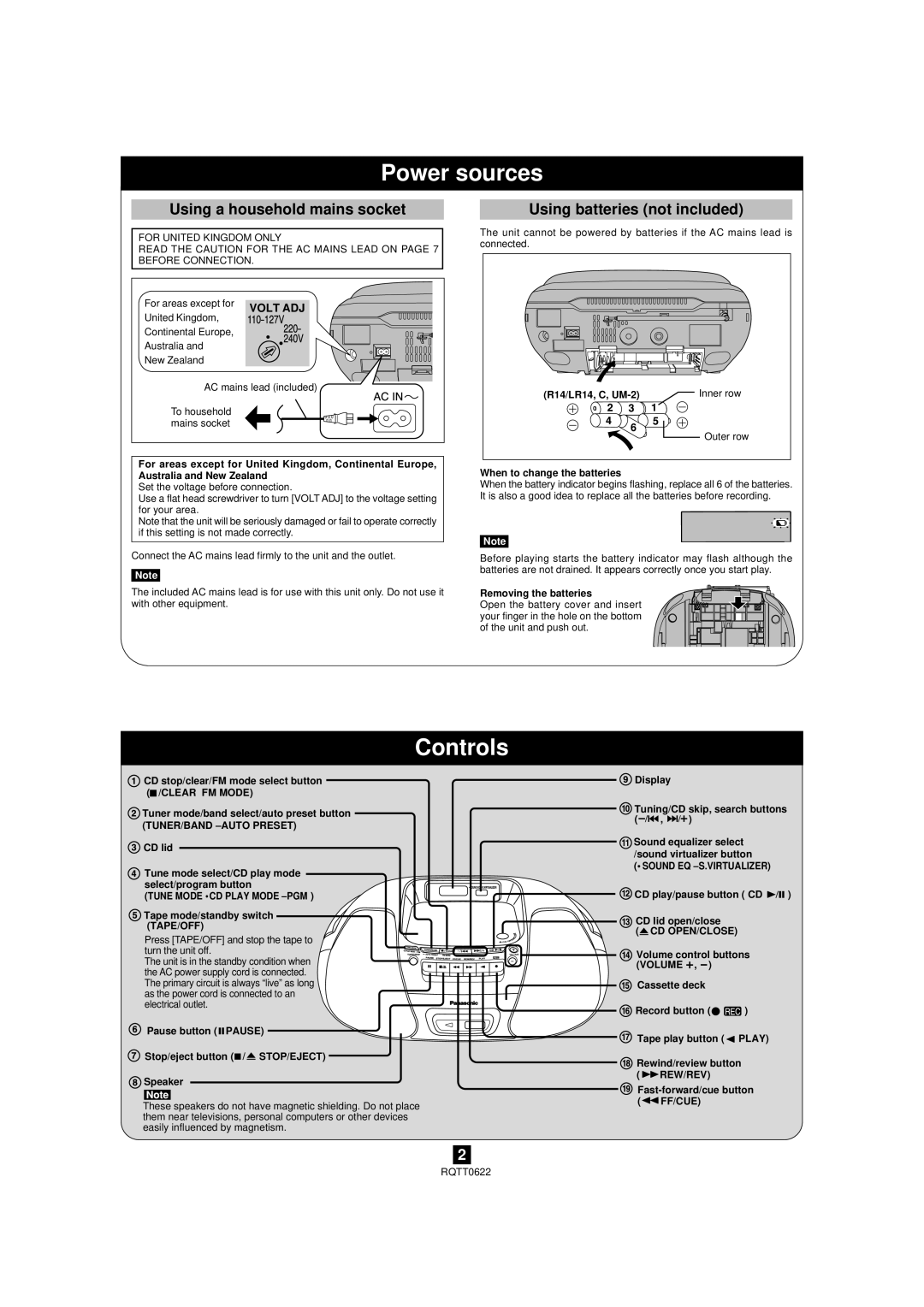 Panasonic RX-D26 manual Power sources, Controls, Using a household mains socket, Using batteries not included 