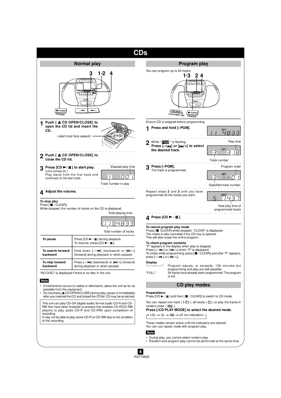 Panasonic RX-D26 manual CDs, Normal play, Program play, CD play modes 