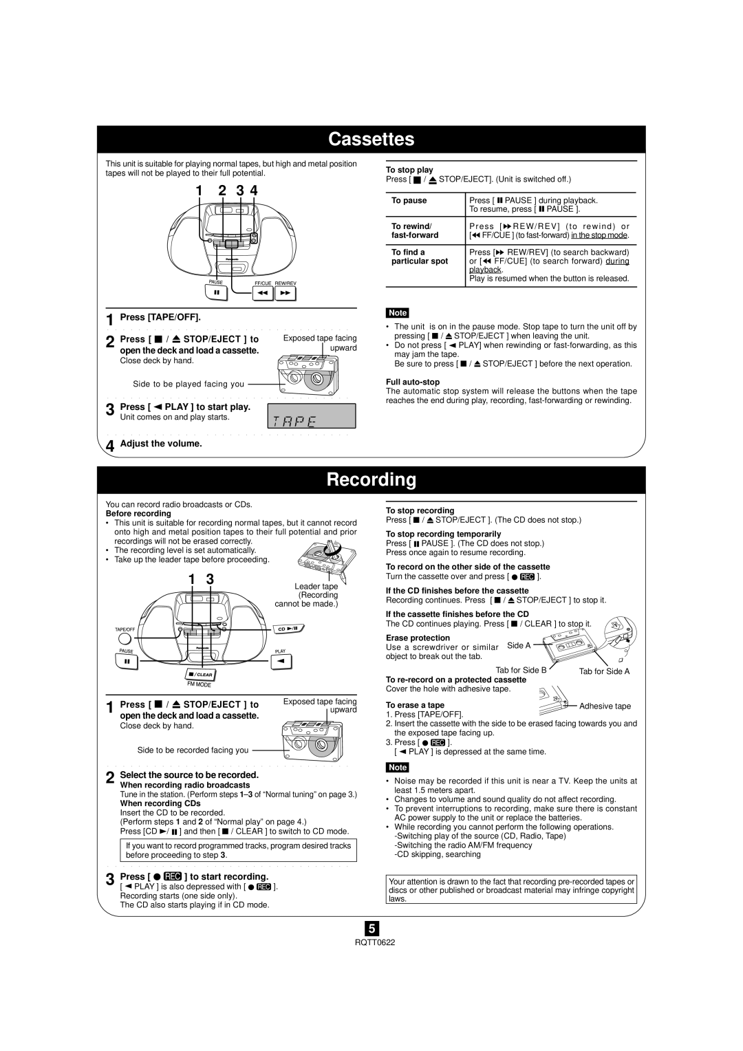 Panasonic RX-D26 manual Cassettes, Recording, Press TAPE/OFF Press / STOP/EJECT to, Open the deck and load a cassette 