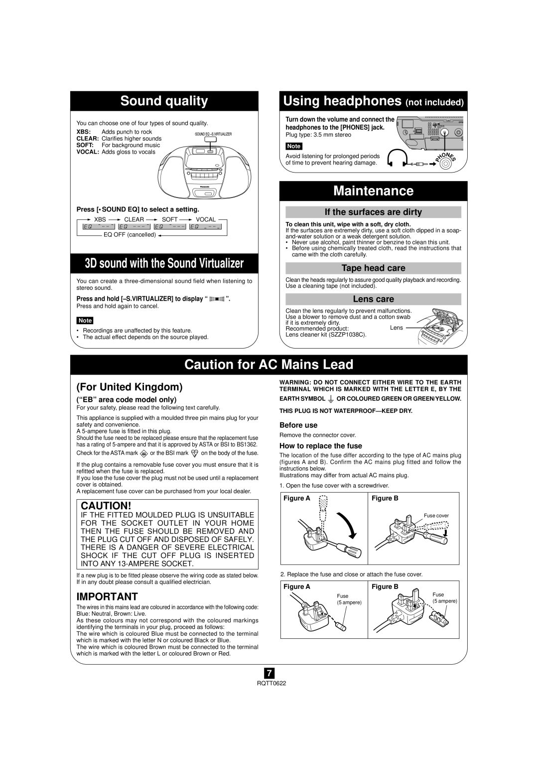 Panasonic RX-D26 manual Sound quality, Using headphones not included, Maintenance, For United Kingdom 