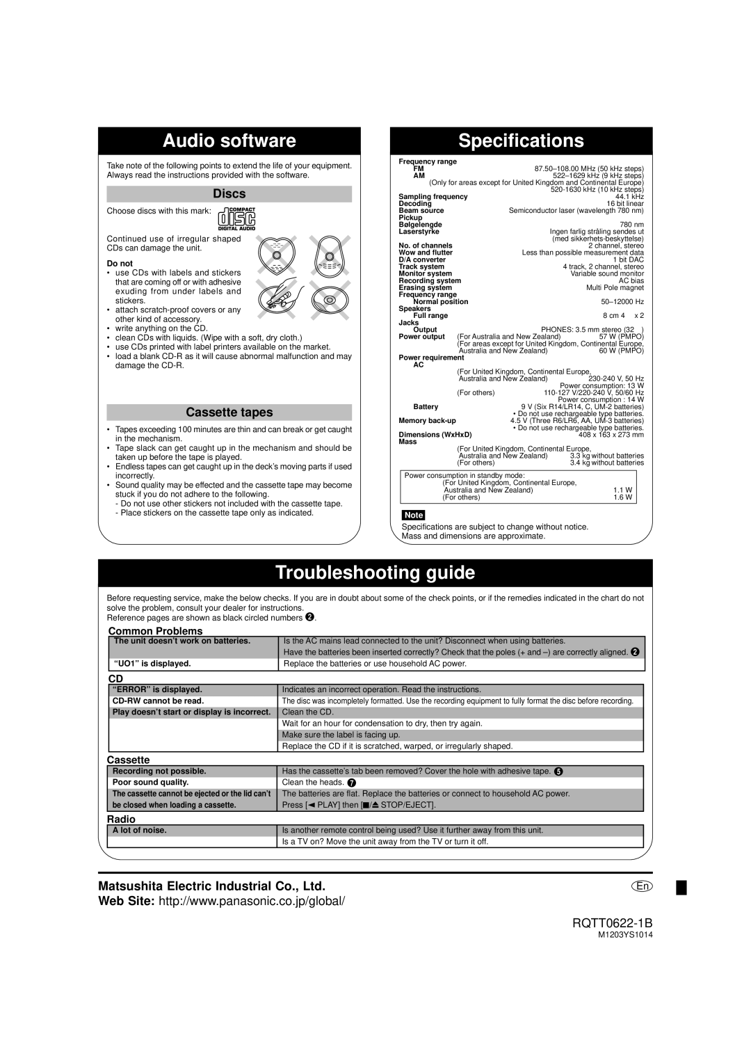 Panasonic RX-D26 manual Audio software, Specifications, Troubleshooting guide, Discs, Cassette tapes 