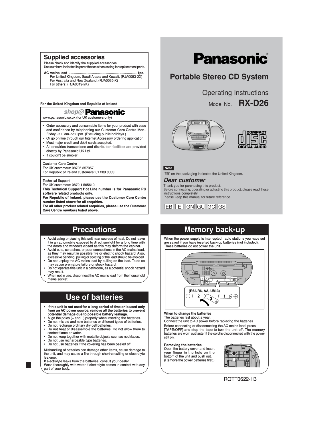 Panasonic manual Precautions, Use of batteries, Memory back-up, Supplied accessories, Model No. RX-D26, Eb E Gngugcgs 