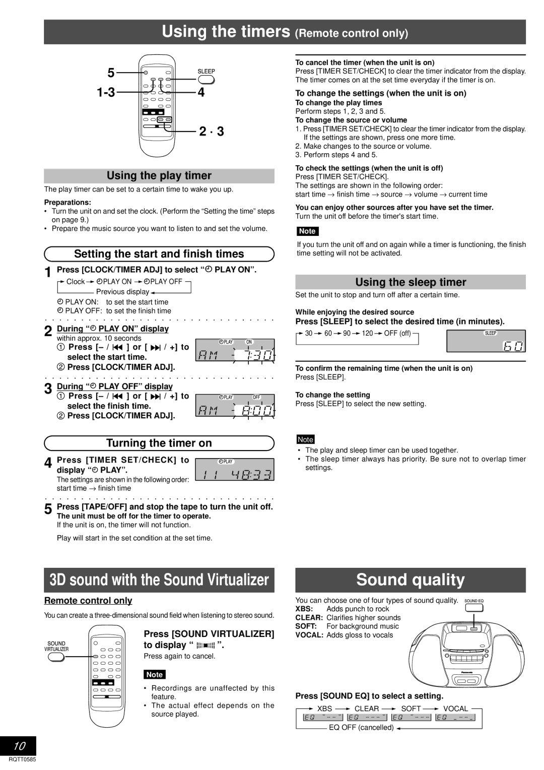 Panasonic RX-D27 Sound quality, Using the play timer, Setting the start and finish times, Turning the timer on 