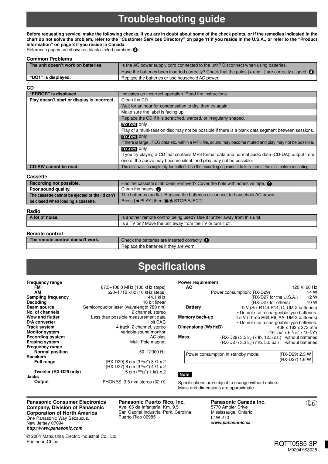 Panasonic RX-D27 operating instructions Troubleshooting guide, Specifications 