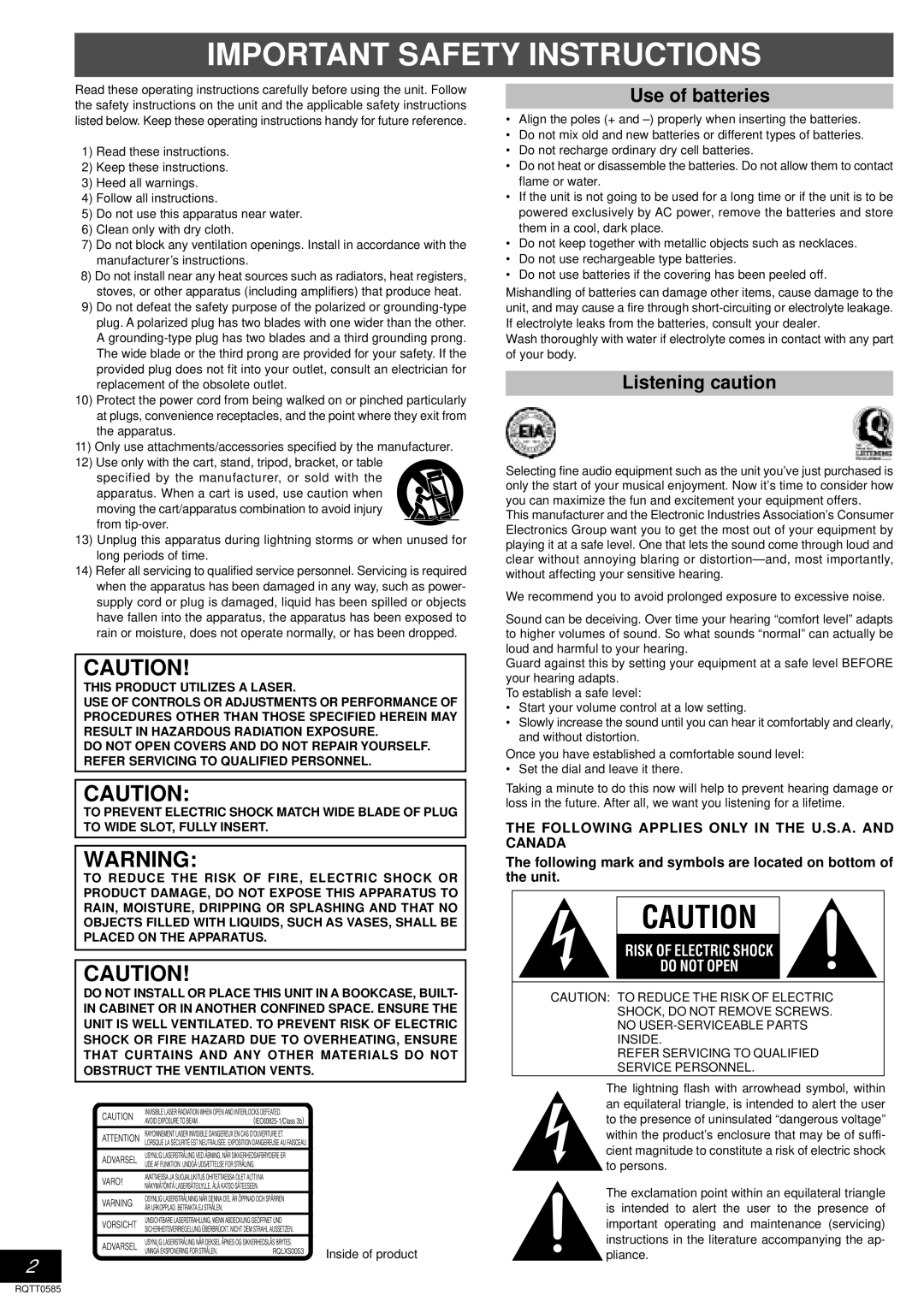 Panasonic RX-D27 operating instructions Use of batteries, Listening caution 