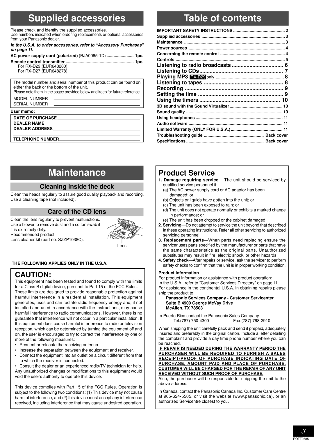 Panasonic RX-D27 operating instructions Supplied accessories, Table of contents, Maintenance 