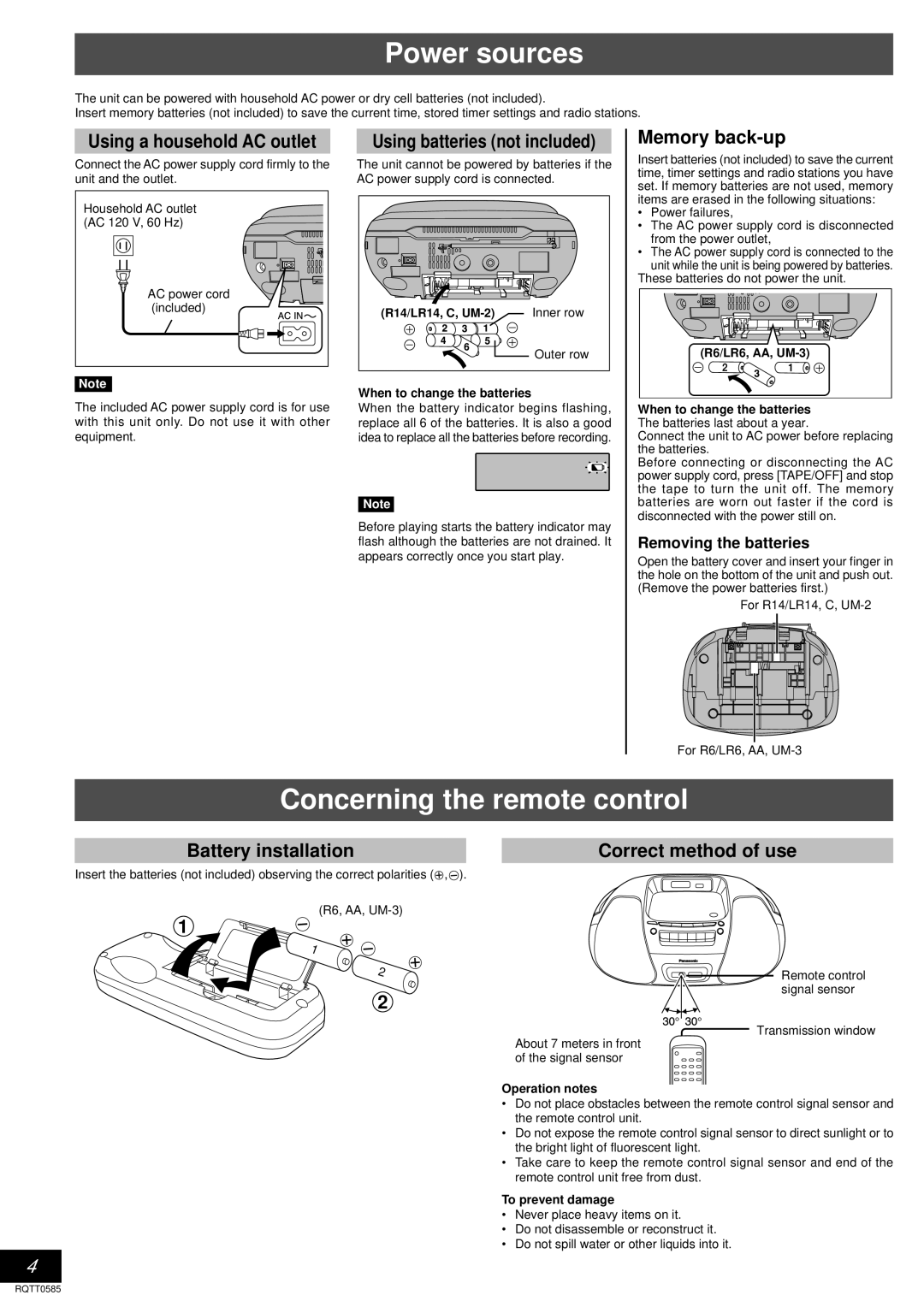 Panasonic RX-D27 operating instructions Power sources, Concerning the remote control 