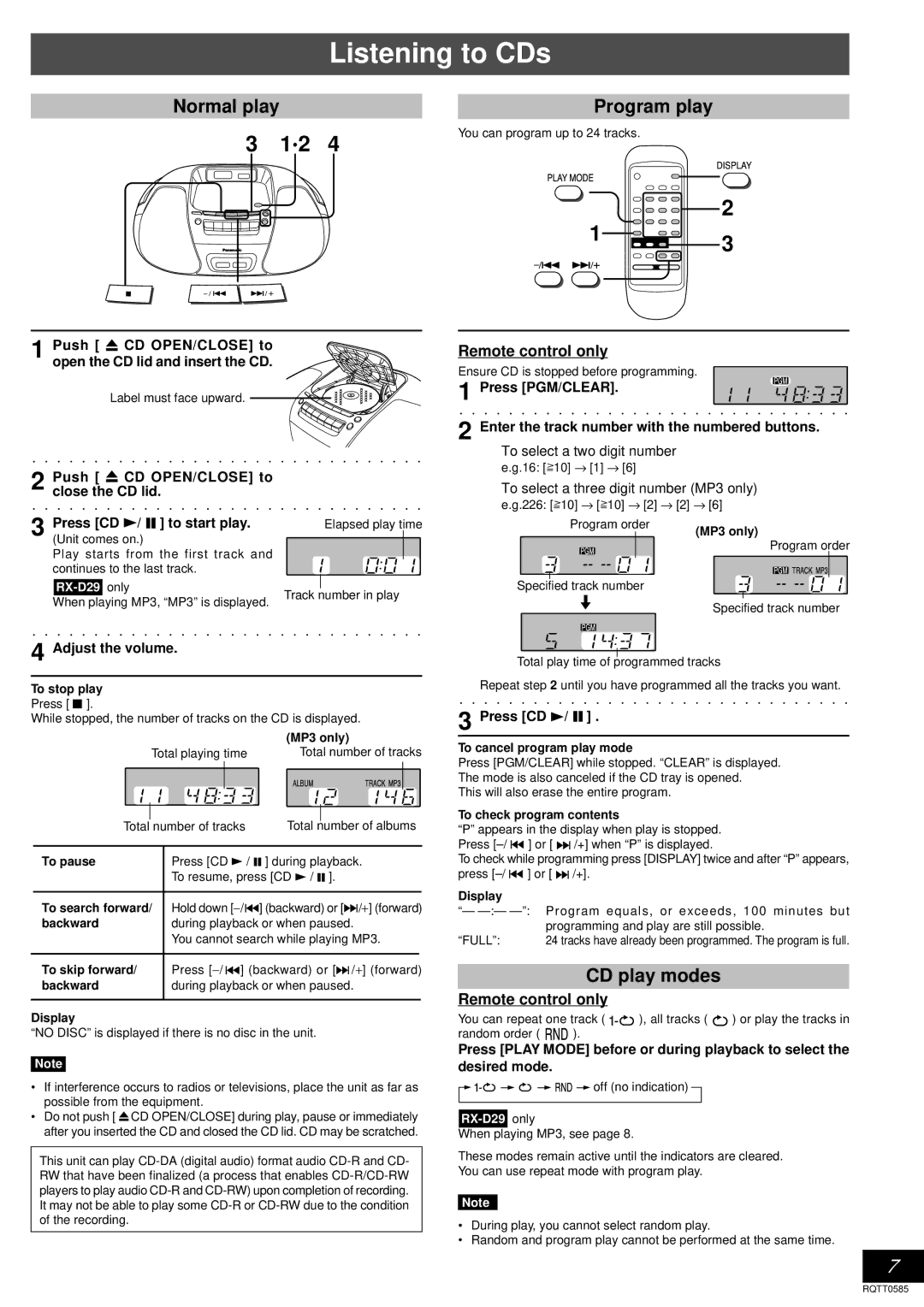 Panasonic RX-D27 operating instructions Listening to CDs, Normal play Program play, CD play modes 