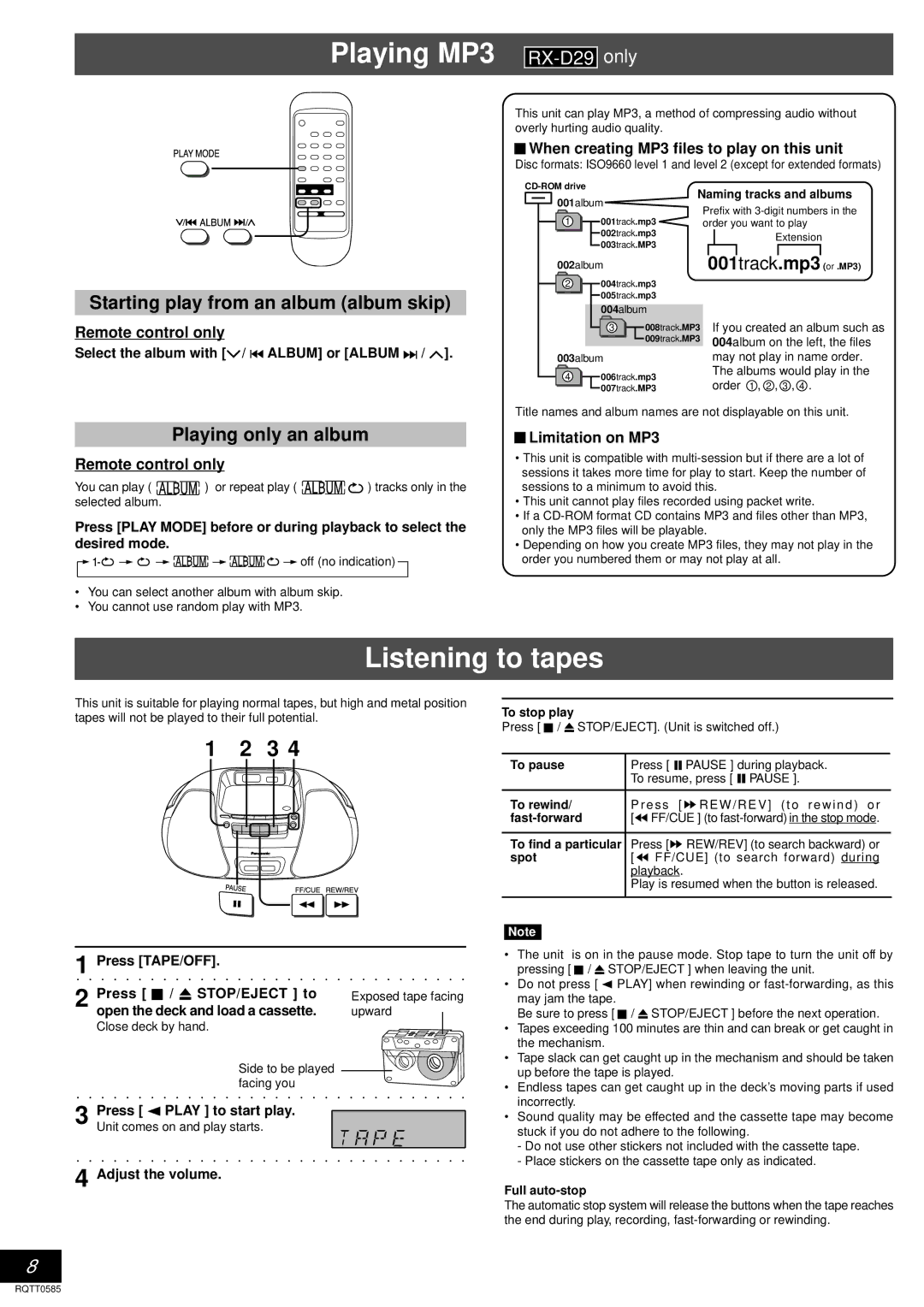 Panasonic RX-D27 Playing MP3, Listening to tapes, Starting play from an album album skip, Playing only an album 