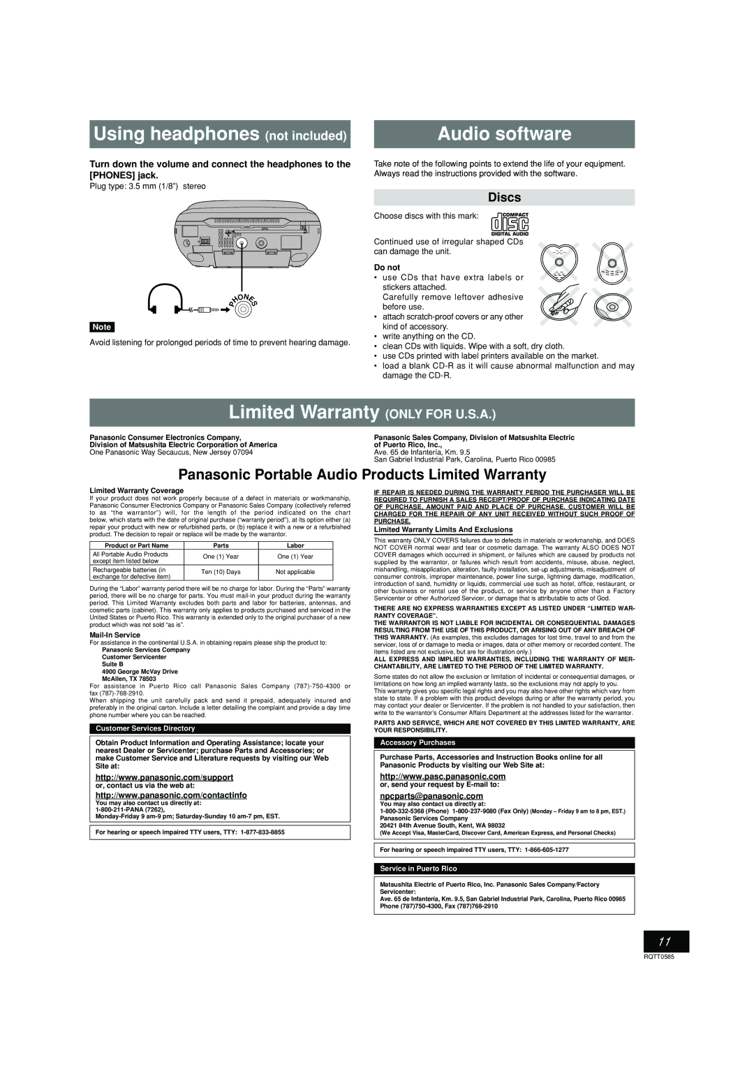 Panasonic RX-D29 Using headphones not included, Audio software, Limited Warranty only for U.S.A, Discs 