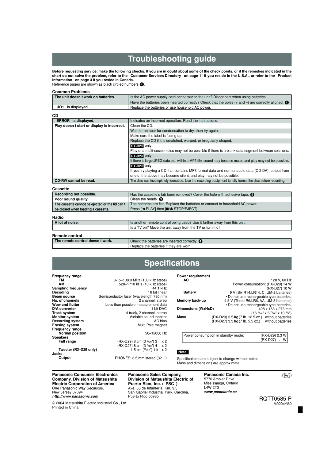 Panasonic RX-D29 operating instructions Troubleshooting guide, Specifications 