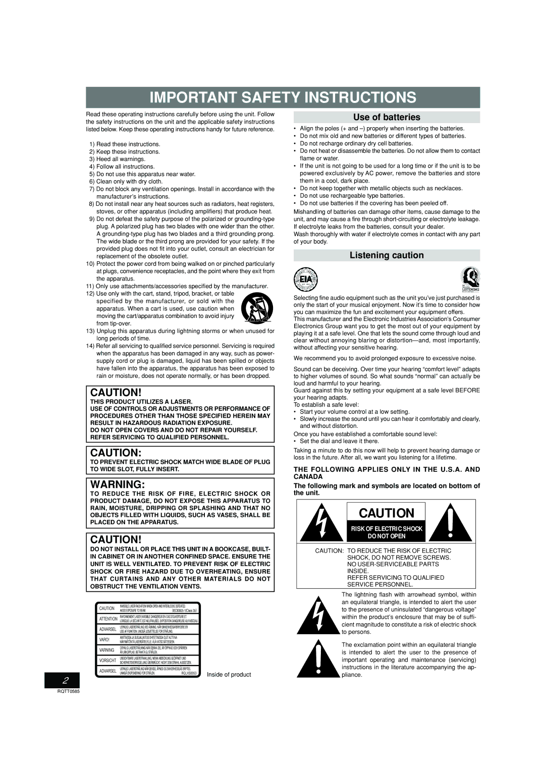 Panasonic RX-D29 operating instructions Use of batteries, Listening caution 