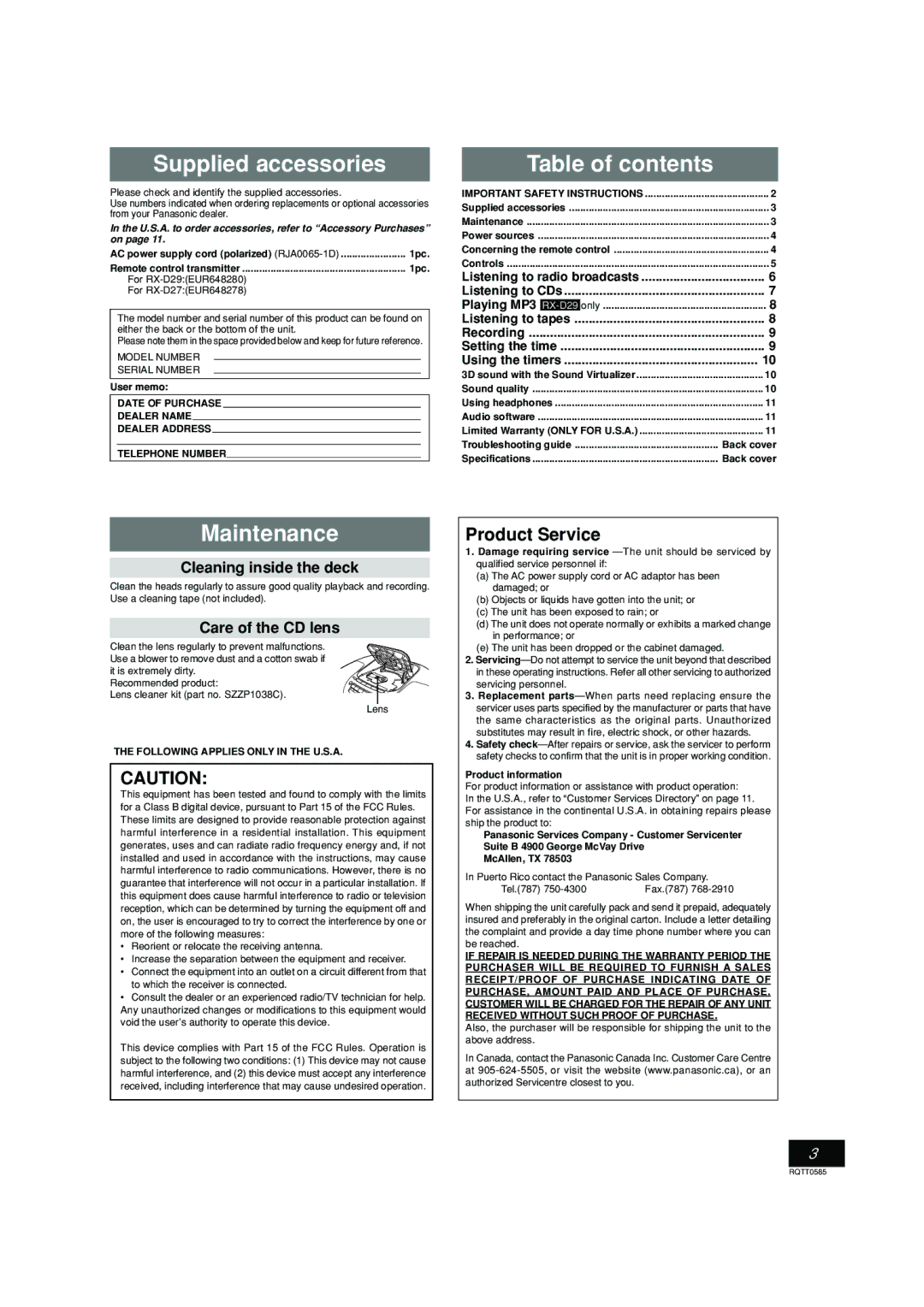 Panasonic RX-D29 operating instructions Supplied accessories, Table of contents, Maintenance 