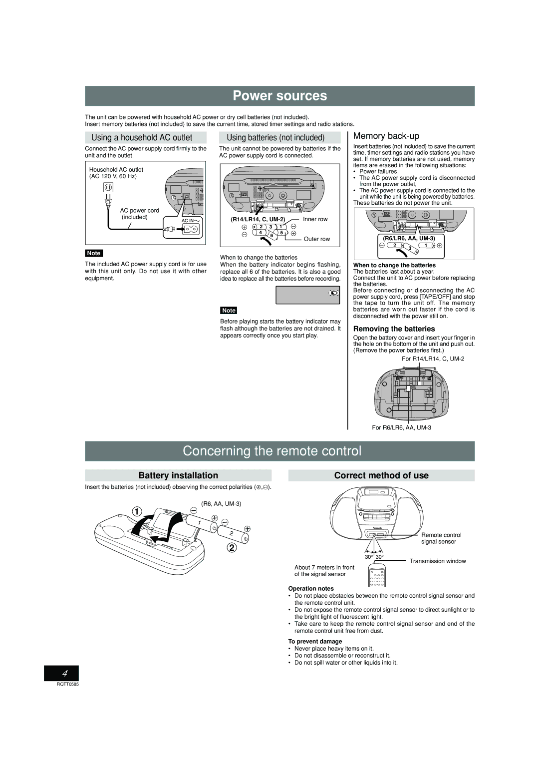 Panasonic RX-D29 operating instructions Power sources, Concerning the remote control 