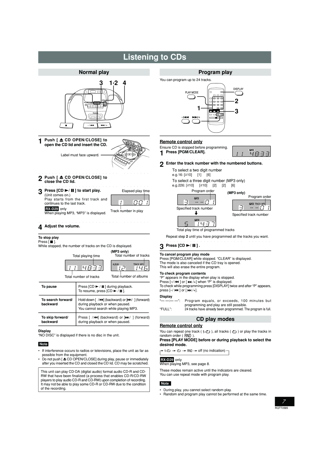 Panasonic RX-D29 operating instructions Listening to CDs, Normal play, Program play, CD play modes 