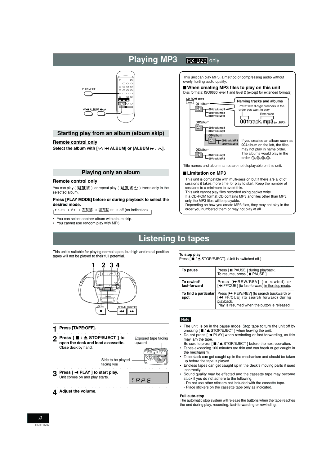 Panasonic RX-D29 Playing MP3, Listening to tapes, Starting play from an album album skip, Playing only an album 