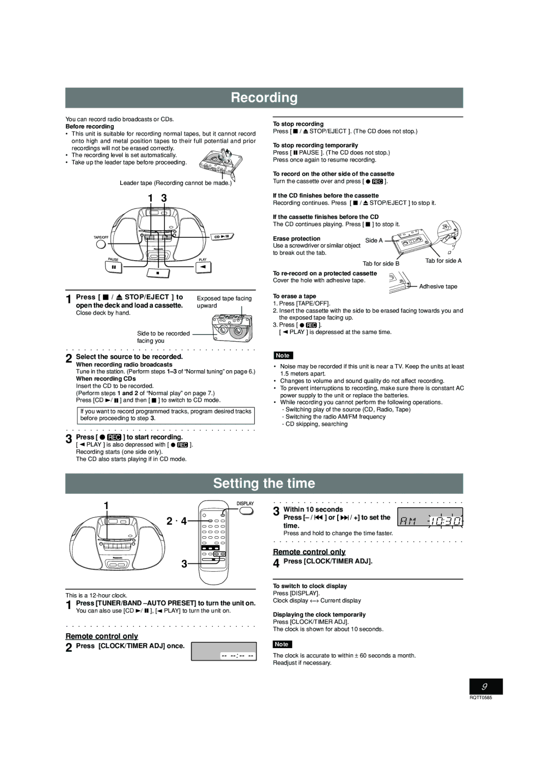 Panasonic RX-D29 operating instructions Recording, Setting the time 