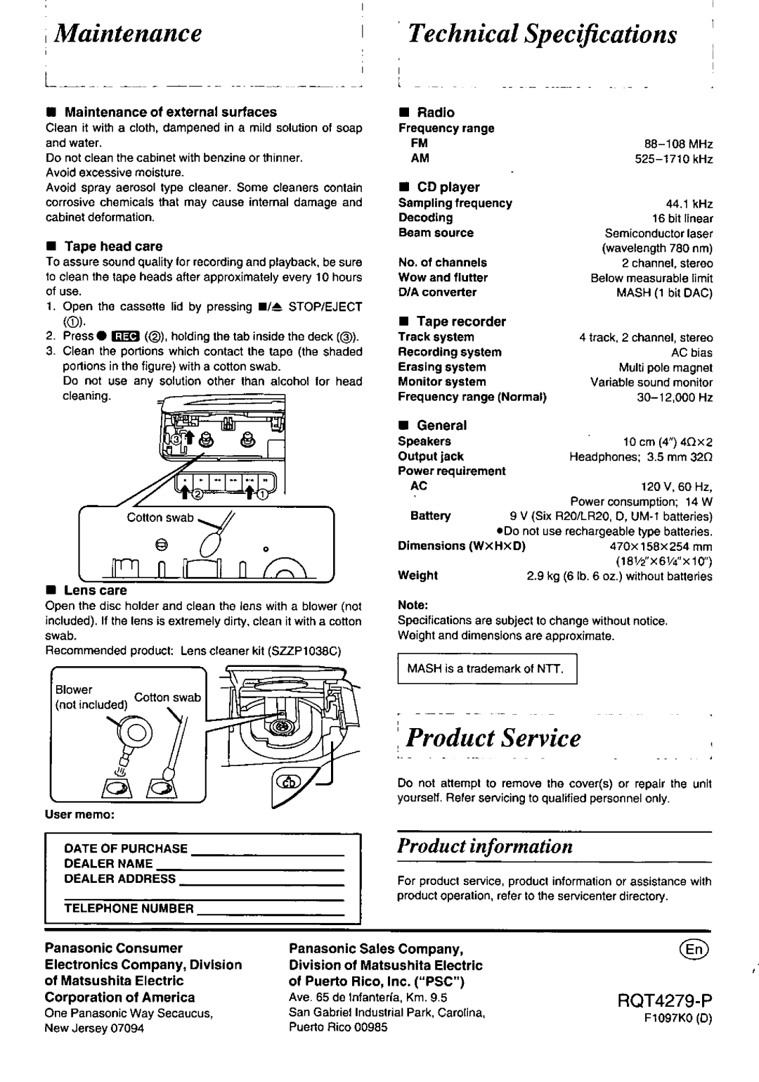 Panasonic RX-DS12 manual 