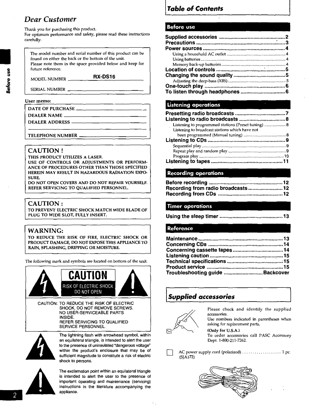 Panasonic RX-DS16 manual 