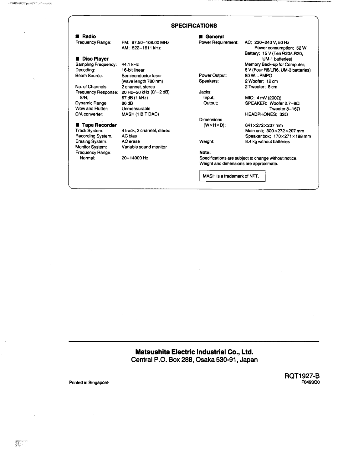 Panasonic RX-DT670 manual 