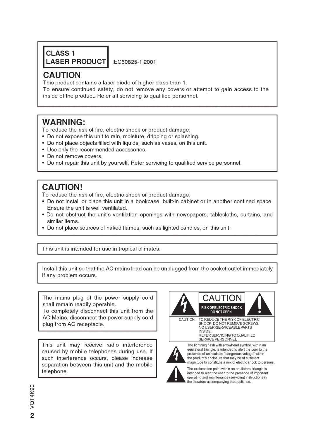 Panasonic RX-DU10 operating instructions Class Laser Product 