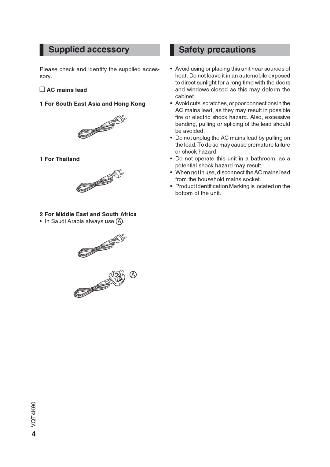 Panasonic RX-DU10 operating instructions Supplied accessory Safety precautions 